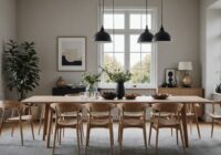 Scandinavische stoelen rond een houten eettafel