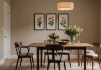 Simple wooden dining table with chairs and flowers.