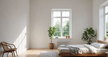 Habitación minimalista con cama de madera y planta en maceta.