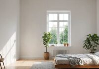 Chambre minimaliste avec lit en bois et plante en pot.