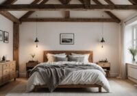 Cozy rustic Scandinavian bedroom with wooden beams and soft lighting.