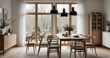 Acogedora sala de comedor nórdica con muebles de madera y luz natural