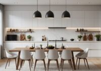 Cocina moderna comedor con armarios blancos y mesa de madera.